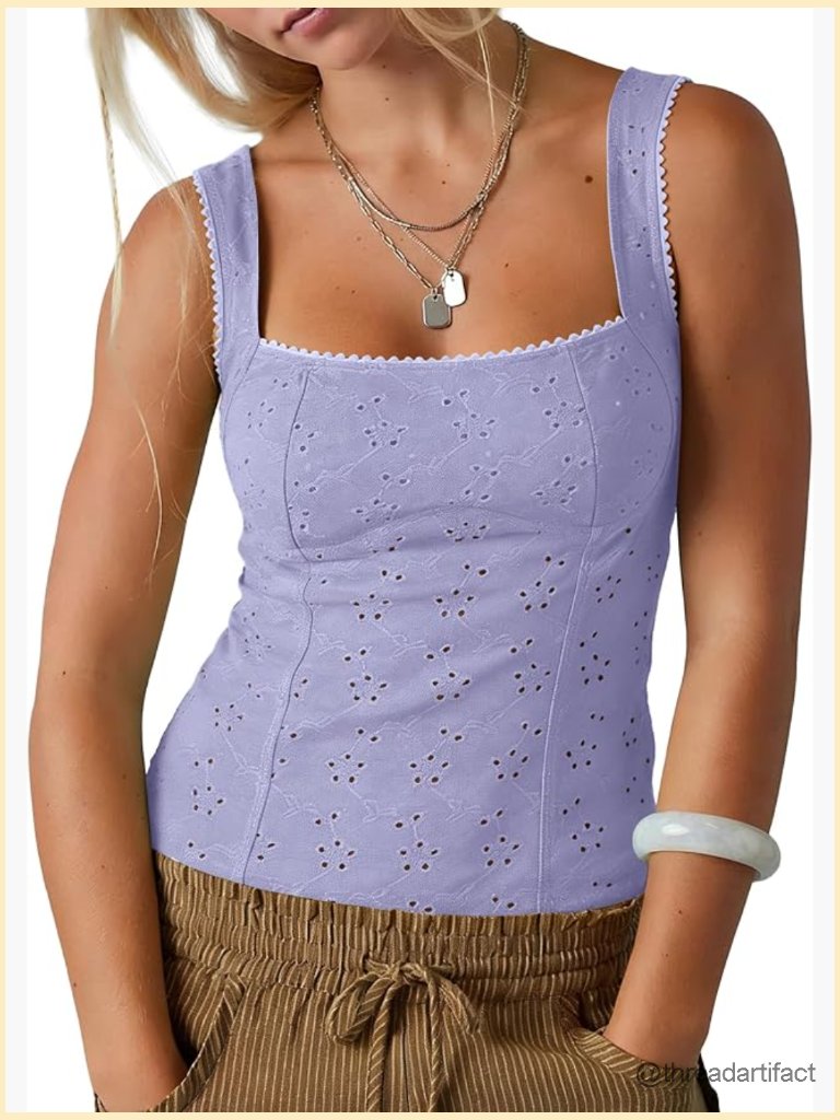 Open Back Eyelet Tank Top Square Neck Y2k Slim Fit Backless Camisole